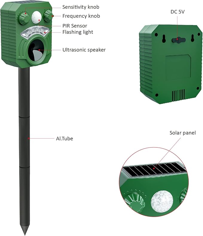 Ultrasonic Cat Repellent Outdoor Squirrel Deterrent with Motion Sensor LED Flash Light, Deer Raccoon Skunk Rabbit Coyote Armadillo Possum Fox Pest Animal Scare Away for Patio Lawn Garden Yard