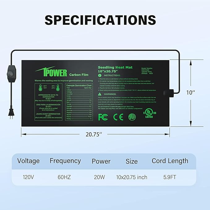 iPower Seeding Heat Mat with Thermostat Temperature Adjustable Knob, Durable Warm Hydroponic Plant Germination Starting Pad