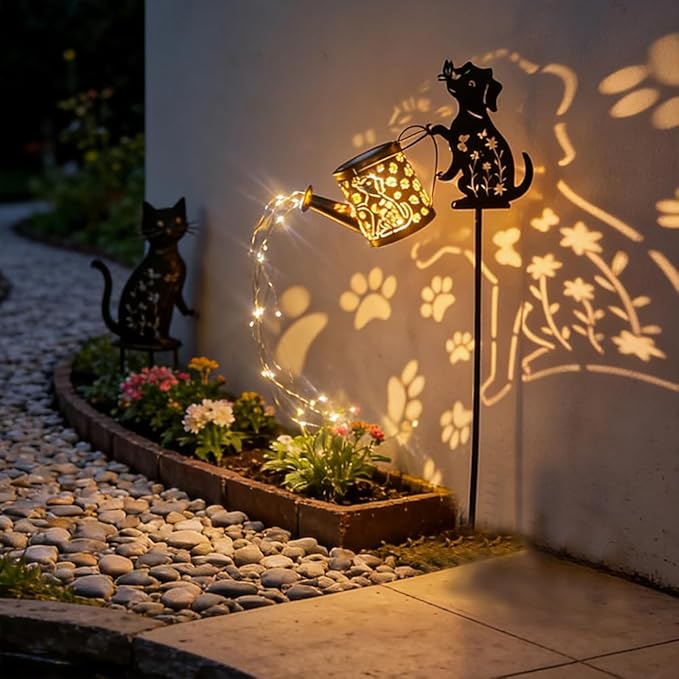 Outdoor Solar Dog Garden Decorative, 2 Pcs Solar Watering Can with Light, Featuring Metal Dog Statue Silhouette Stake, Day Gift for Women, for Outside Landscapes, Lawn, Garden Path Decoration