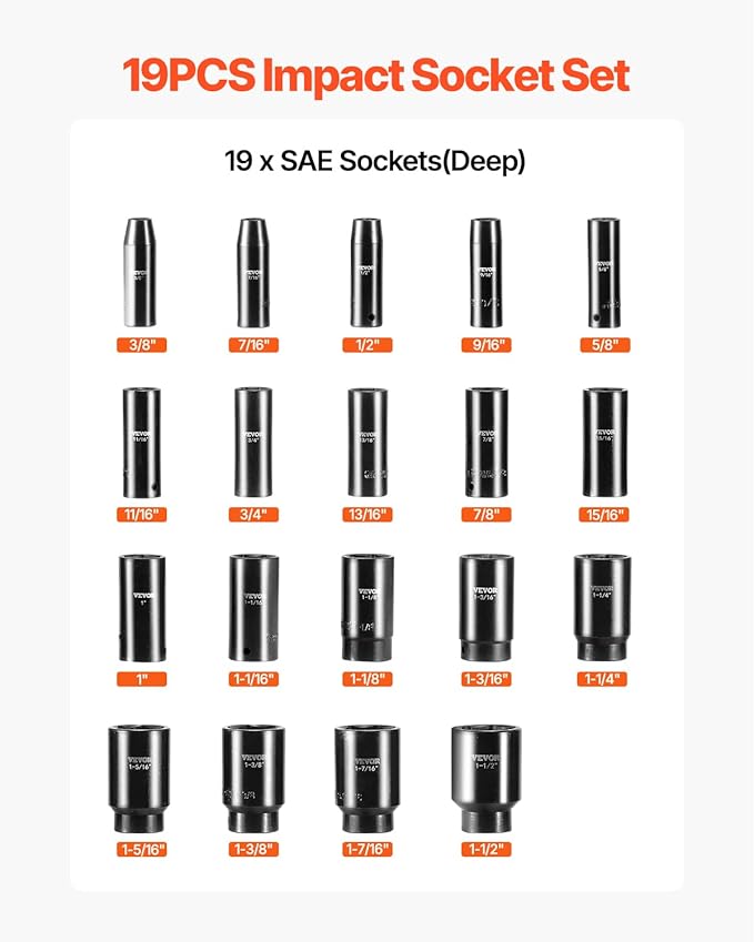 VEVOR Impact Socket Set, 1/2" 19 Piece Impact Sockets, Deep Socket, 6-Point Sockets, 1/2 Inches Drive Socket Set Impact 3/8 inch - 1-1/2 inch, Cr-V Rugged Construction, with a Storage Cage