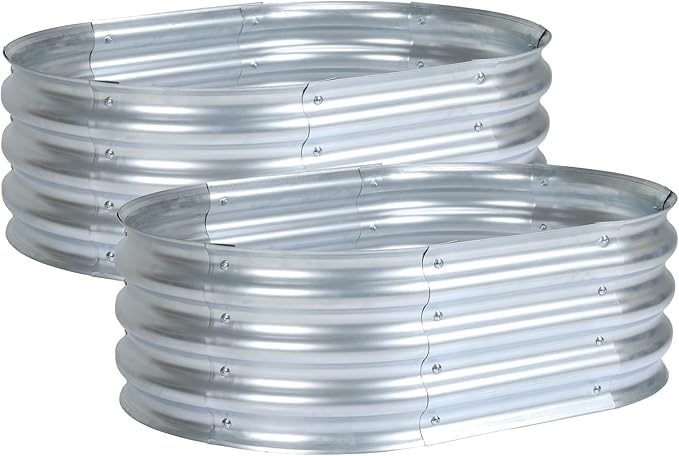Aoodor 2PCS Galvanized Raised Garden Bed Kit, 3 x 2 x 1 Ft, Oval Planter Boxes for Vegetables, Flowers, and Herbs, Outdoor Use, Silver