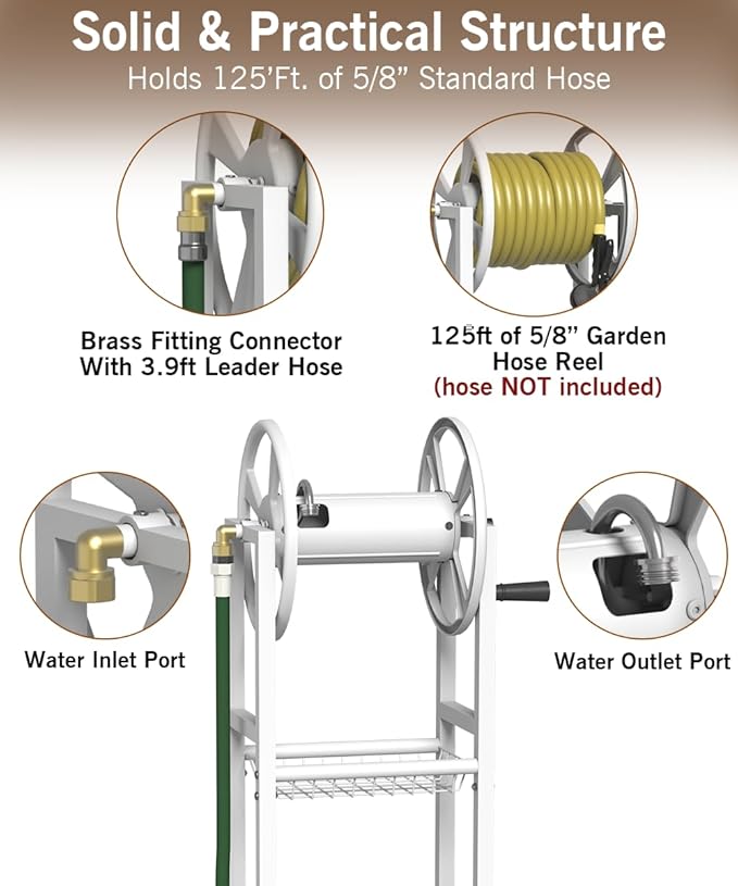 Garbuildman Ground Mount Garden Hose Reel Holds 125 Feet of 5/8-Inch with 3.9 ft Leader Hose, Brass Fitting, Water Hose Holder Stand with Storage Rack & 4 Spikes Base for Outdoor Lawn, White