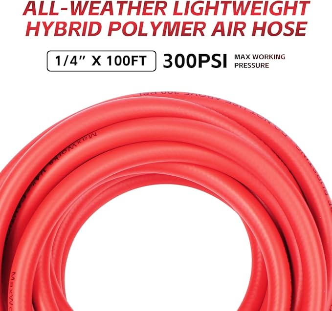 MaxWorks Hybrid Air Hose 1/4" x 100 Ft 300 PSI Flexible All-Weather Kink-Resistant Compressor Hose with Brass Fittings & Bend Restrictors 80786