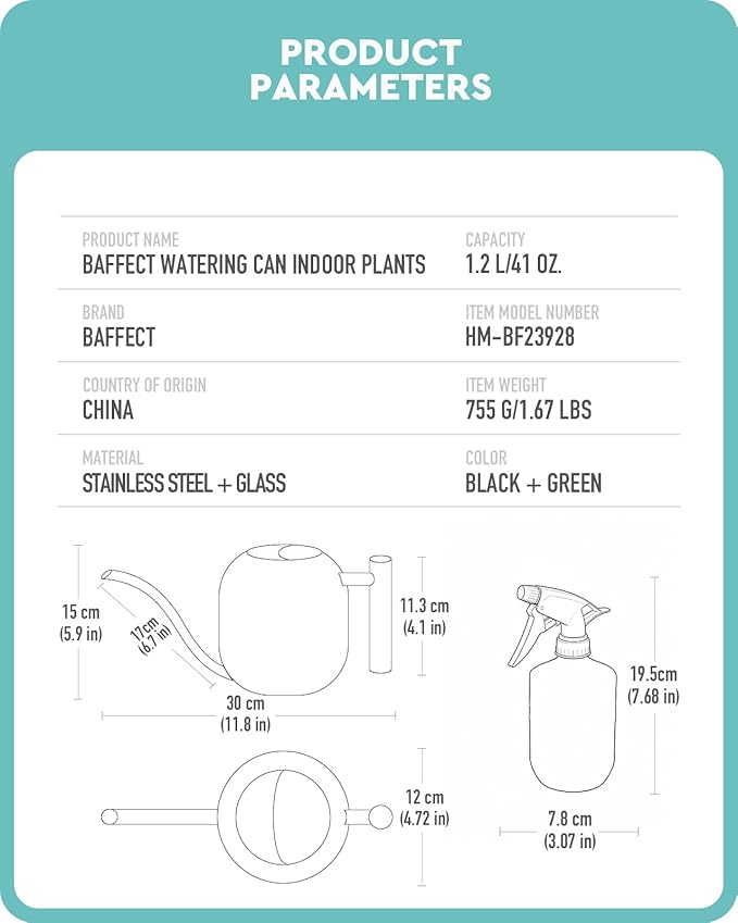 Baffect Indoor House Plants Watering Can Set, Include 41oz Metal Long Spout Watering Can & 13.5oz Dark Glass Misting Spray Bottle, Water Spray Bottle with Adjustable Nozzle Ideal for Bonsai, Orchid