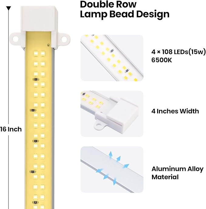 Mosthink Grow Lights for Indoor Plants, 6500K Full Spectrum Plant Lights for Indoor Growing, 16" LED Plant Grow Light Strips with 432 LEDs, 3/6/12H Auto Timer, 6-Level Dimmable, 4-Pack