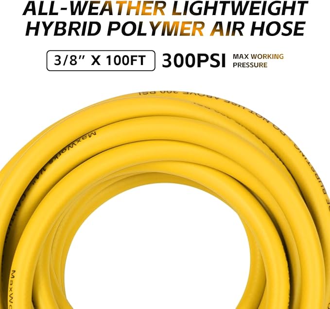 MaxWorks 80789 Lightweight All Weather No-Memory Non-Kinking 300 PSI Maximum Hybrid Polymer Air Hose, 3/8" x 100' , Yellow