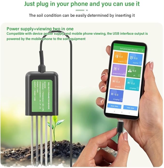 USB Soil Sensor 7-in-1 Tester For Moisture, Soil Analysis Tool, Temperature, PH & NPK Nutrients - IP68 Digital Meter For Agriculture, Gardening & Research Farming, Floriculture