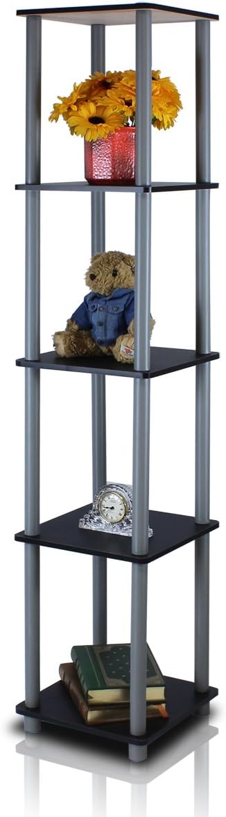 Furinno Turn-N-Tube Storage Shelves, 5-Tier Square Book Shelf, Corner Shelf, Toolless Open Shelves, Round Tubes, for Organization and Storage, Living Room, Garage, Home Office, Black