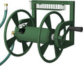 Garden Wall Mounted Hose Reel, Outdoor Heavy-Duty Water Hose Holder Winder, Holds 125 Feet of 5/8-Inch Hose, with 3.9 ft Leader Hose, Brass Fitting and Storage Basket for Yard, Green