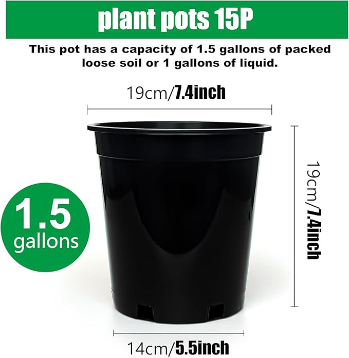 RooTrimmer 1.5 Gallon Plastic Nursery Pots, 7.5 Inch Round Plant Pots with Drainage Holes, 15 Pack Flower Pots for Outdoor Indoor Plants, Flowers, Gardening Gifts for Women, Black