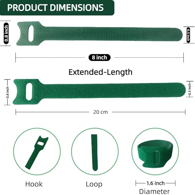 Green, Reusable, 100PCS, 8inch Adjustable Anti - Slip Nylon Plant Ties & Straps Featuring Hook and Loop Fasteners - Optimal for Climbing Plants Support Christmas Garland Ties (8 in x 0.5 in)