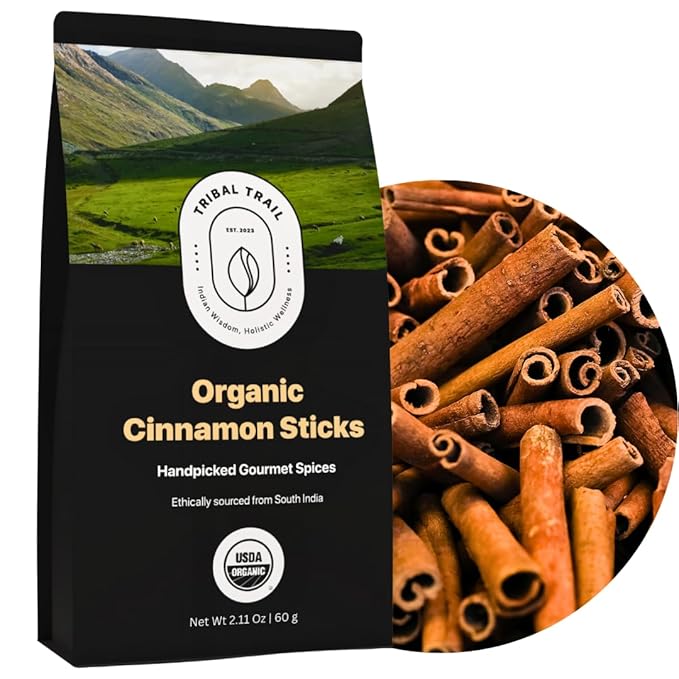 Tribal Trail Organic Cinnamon Sticks | 2.12 oz | USDA Organic & Non-GMO | Recyclable Kraft Bags | Best for Cooking, Coffee, Teas, & Bread | Ethically Sourced Spices from South India