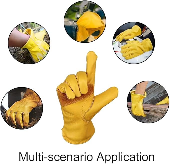3 Pairs Leather Work Gloves for Men, Durable Gardening Gloves, Cowhide Work Gloves for Driver, DIY, Construction