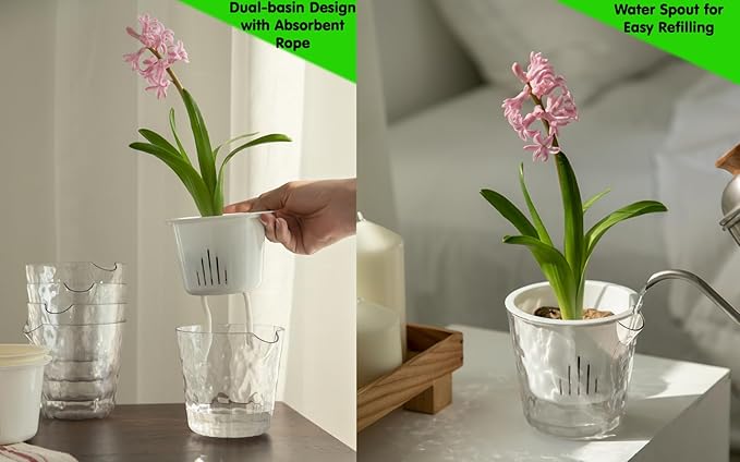 4 Inch Glacier-Textured Self Watering Garden Pots,4 Pack Clear Plastic Planters with Water Filling Spout,Flowerpot with Inner Pot for Indoor Plants,African Violets,Herbs,Succulents(Cream white)