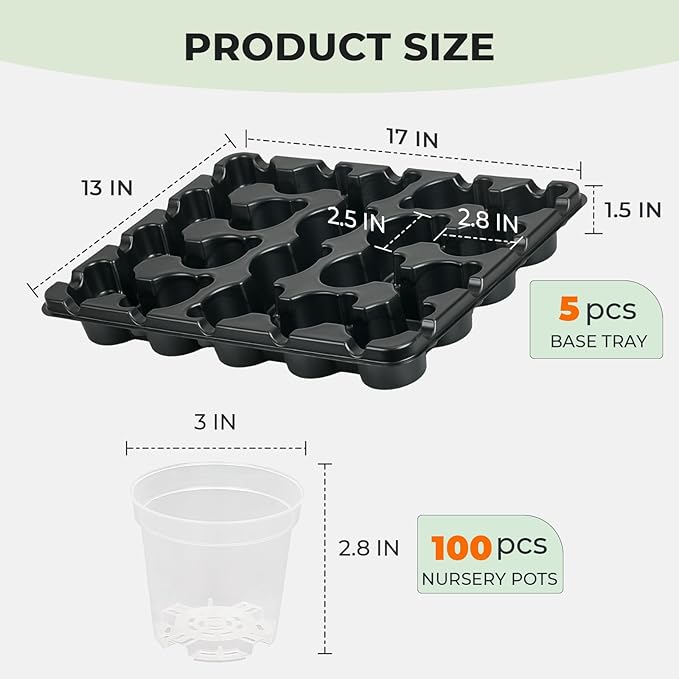 homenote 3 Inch Seed Starting Trays with Clear Nursery Pots, 5-Pack 20-Cell Seedling Starter Trays & 3" Nursery Pots 100 Pcs with Drainage, Plant Starter Germination Trays for Indoor Outdoor Growing