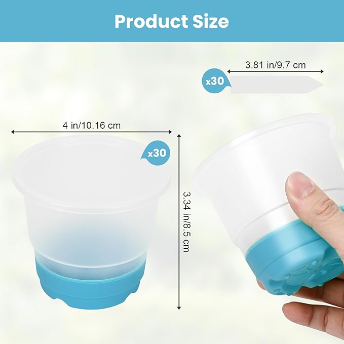Sckee Clear Nursery Pots for Plants, 30 Packs Plastic Seed Starting Pots with Drainage Holes Plant Nursery Pots Silicone Base (Blue, 4 inch)