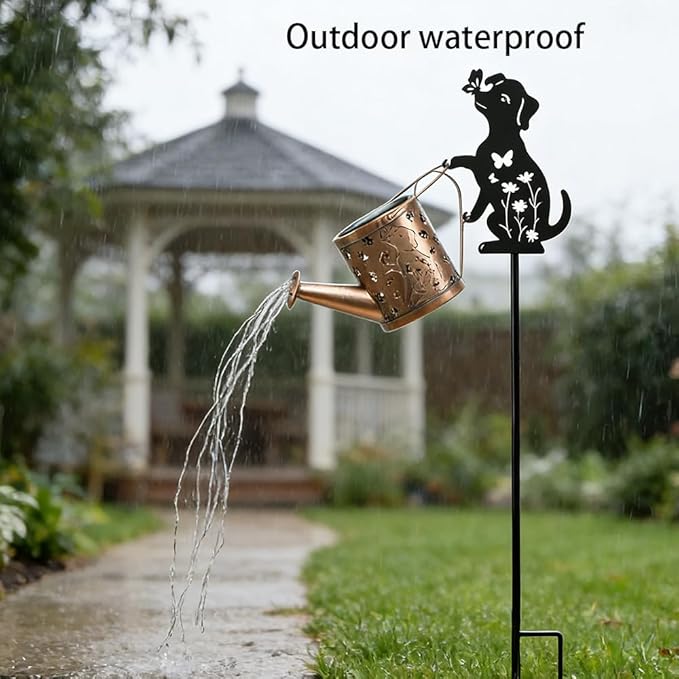 Outdoor Solar Dog Garden Decorative, 2 Pcs Solar Watering Can with Light, Featuring Metal Dog Statue Silhouette Stake, Day Gift for Women, for Outside Landscapes, Lawn, Garden Path Decoration
