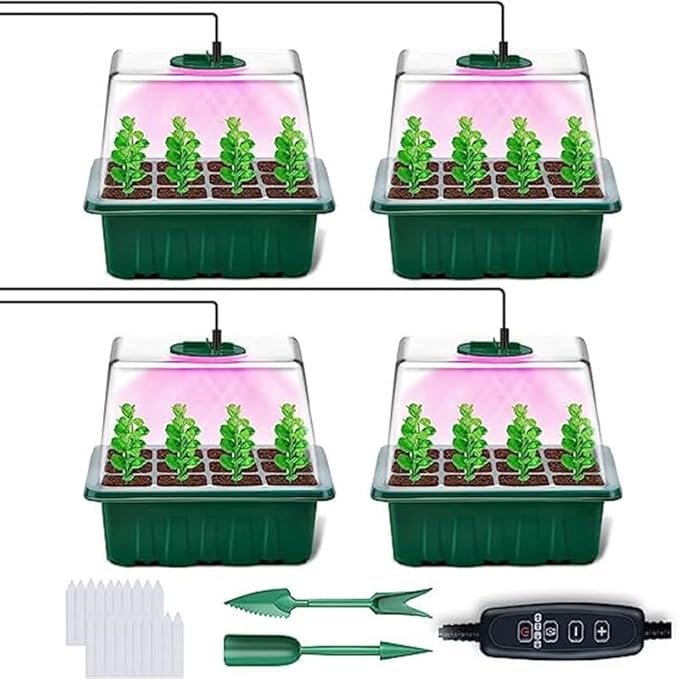 Seed Starter Tray with Grow Light，Seed Starter Kit with Timing Controller Adjustable Brightness, Heightened Lids Growing Trays for Greenhouse & Gardens，4 Pack (Green)