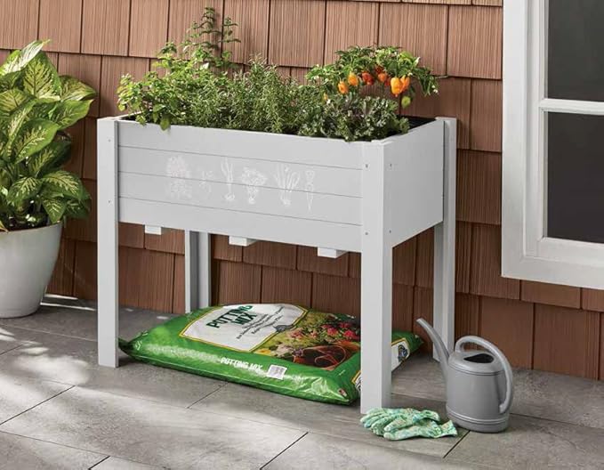 Kids Raised Garden Bed with DIY Chalkboard, 30 x 24 x 18 Inch Wooden Elevated Raised Garden Bed for Kids Outdoor Planter Box with Legs for Vegetables Grass Lawn Yard, Light Blue