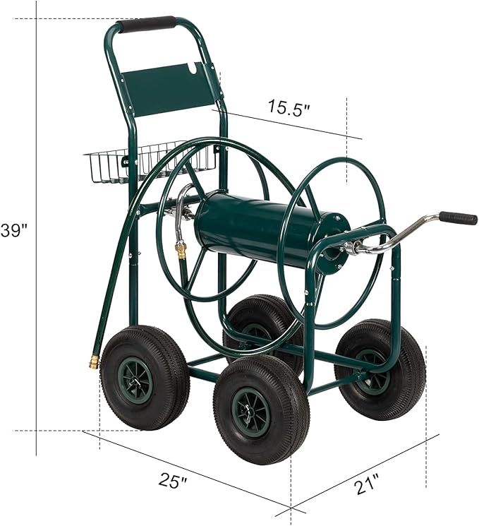 VINGLI 4-Wheel Garden Hose Reel Cart with Storage Basket, Portable Residential Hose Reel Cart, Lawn Watering, for Garden Backyard and Farm (Green)