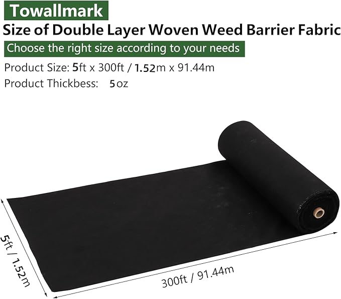 Broadfashion Woven Landscape Fabric 5oz, 5 x 300FT Weed Fabric Barrier, Double Layer, Garden Fabric Weed Barrier, Weed Control Fabric Ground Cover, Gardening Mat for Garden Beds, Landscaping