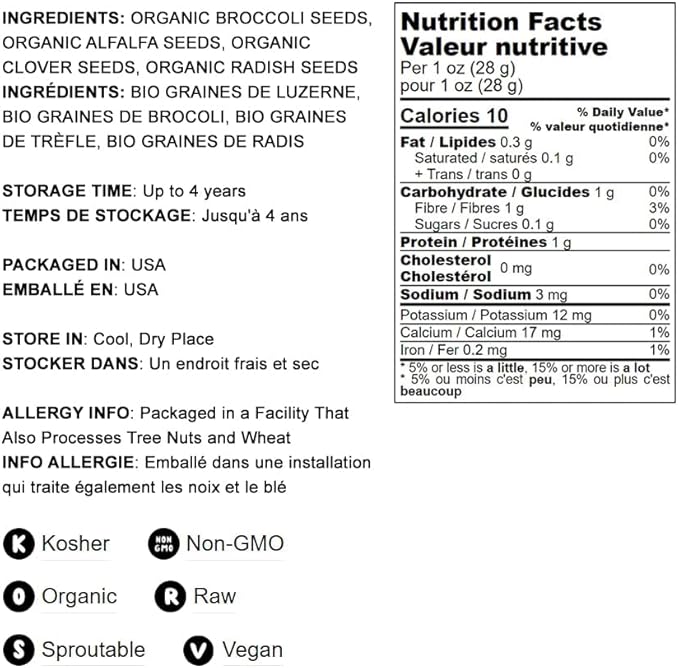 Food to Live Organic Salad Mix of Sprouting Seeds, 10 Pounds — Non-GMO Broccoli, Radish, Clover, Alfalfa. Rich Germination Rate, Non-Irradiated, Kosher, Vegan Superfood, Bulk, Rich in Sulforaphane