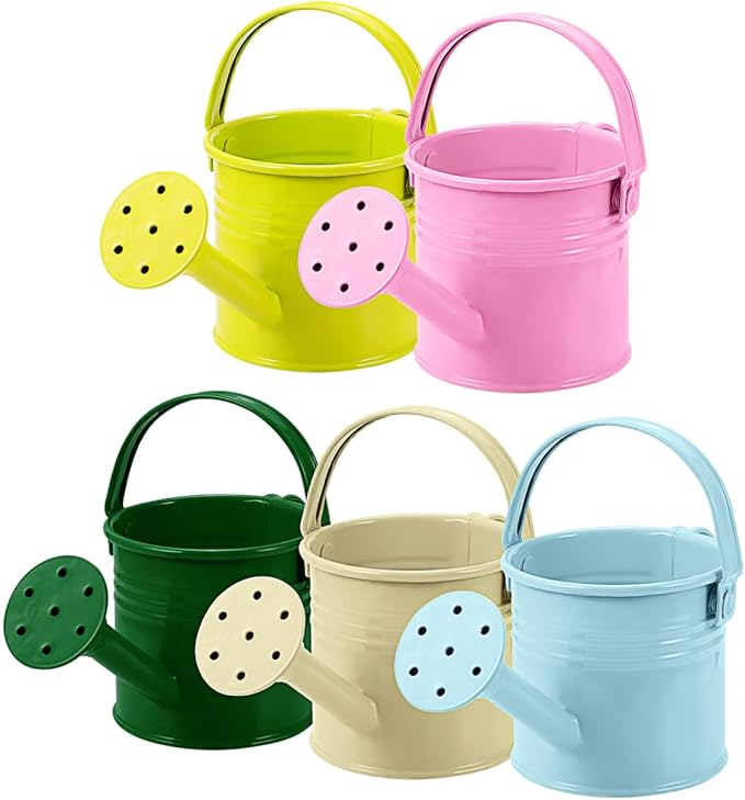 5 Pcs Kids Watering Cans, Mini Metal Plant Watering Can with Long Spout, Small Tin Flower Pots for Indoor Outdoor Gardening