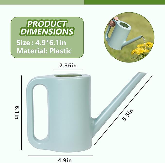 Plastic Watering Can - for Indoor and Outdoor Home Garden Plants - with Long Spout - Green - 1/4 Gallon
