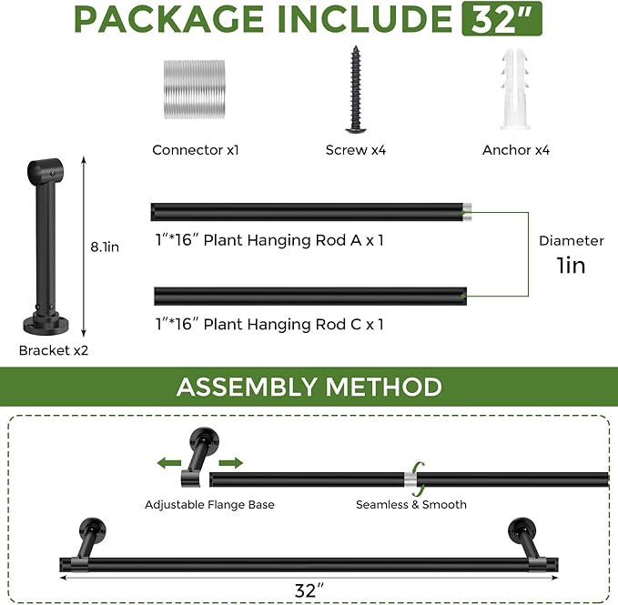 Window Plant Hanger Indoor, 32 Inch Heavy Duty Plant Hanging Rod, 1 Inch Metal Hanging Plant Holder for Window Wall, Matte Black Round Flange Base, Pot Not Included