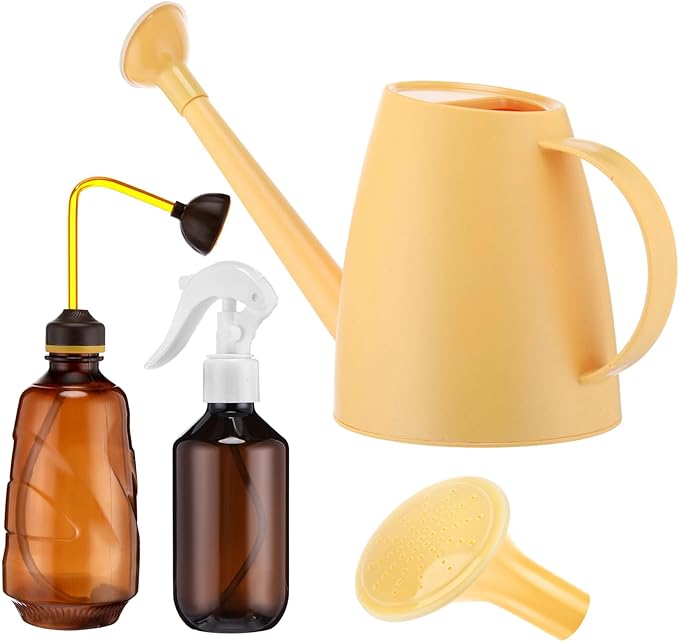Reallnaive 6 Pcs Indoor Watering Can Set 1/2 Gallon Can 6.8 oz Spray Bottle 17 oz Squeeze Bottle Plant Watering Globes Soil Moisture Meter Small Spraying Sets for Indoor Outdoor(Yellow)