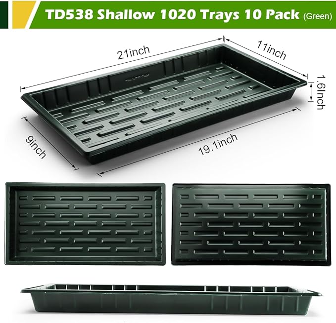 10 Pack Heavy Duty 1020 Trays No Holes - 1.6 Inch Deep Shallow Nursery Flats, Reusable Seed Starter Trays for 72/128 Cell Inserts, Microgreens, Seedling and Hydroponics (Dark Green)