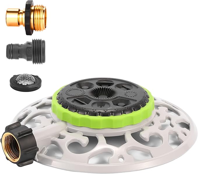 Turret Pattern Sprinkler, 8-Pattern Stationary Water Sprinkler on Metal Decorative Base for Watering Small and Large Yards, Lawns, Garden or Odd Shaped Areas