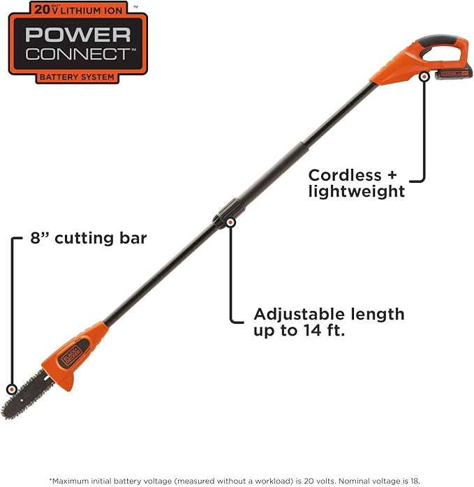 BLACK+DECKER 20V MAX Cordless Pole Saw Kit with Battery and Charger Included, 14-Inch Battery Pole Saw, Includes Oil Bottle, Wrench and Blade Guard (LPP120)