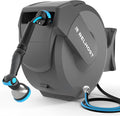 Retractable Garden Hose Reel, 1/2 in x 100 ft Wall Mount Heavy Duty Hose Reel with Any-Length Lock, Auto Rewind System, 180° Swivel Bracket, and 10-Pattern Nozzle for Garden, Dark Grey