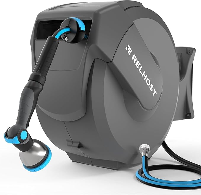 Retractable Garden Hose Reel, 1/2 in x 100 ft Wall Mount Heavy Duty Hose Reel with Any-Length Lock, Auto Rewind System, 180° Swivel Bracket, and 10-Pattern Nozzle for Garden, Dark Grey