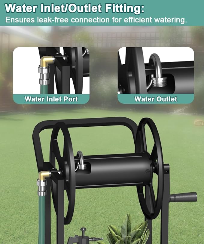 Garden Hose Reel Cart with Wheels, Outdoor Heavy Duty Powder Coated Steel Water Winder Storage Holds 125 ft 5/8" Hoses with 3.9ft Leader Hose and Basket for Backyard, Yard, Lawn, Black