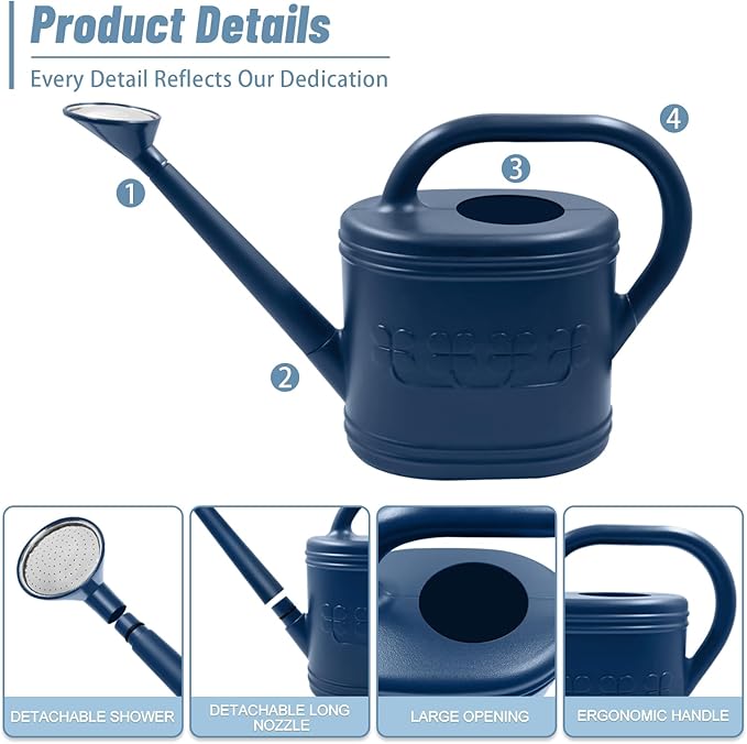 Watering Can for Indoor & Outdoor Plants, Plant Watering Can with Stainless Steel Shower Head, 1 Gallon Plastic Watering Can for Garden, Flowers, Vegetable, Greenhouse (Dark Blue, 1 Gallon)