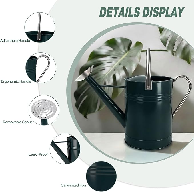 Metal Watering Can for Outdoor Plants, 1.7 Gallon Dark Green Garden Watering Can for Flower, Houseplants, Galvanized Finish