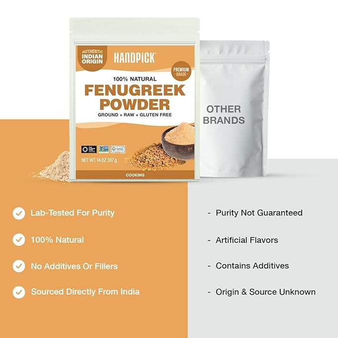 HANDPICK Fenugreek Powder (397g/14oz) Non GMO, Gluten Free, 100% Raw Methi Seeds, Sourced from India, For Cooking, Packed in Resealable Ziplock Pouch