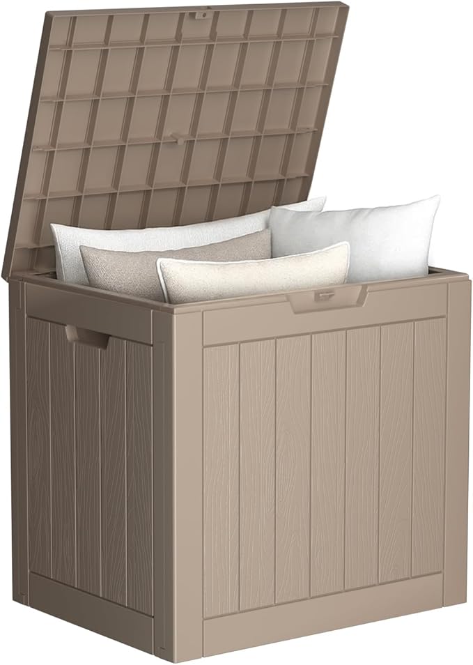 Vixzen 30 Gallon Resin Deck Box, Lockable Outdoor Storage Box for Patio Cushions Storage Furniture,Garden Tools, Pool Supplies, Weatherproof and UV Resistant（Grey，30 Gallon）