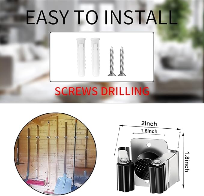 AKOAK Broom and Mop Rack Holder, Wall Storage Organizer, Screw Mount, Garden Tool Organizer Stainless Steel Mop Rack, Home, Kitchen, Bathroom, Garden, Garage Storage (4 PCS, Black+Silver)