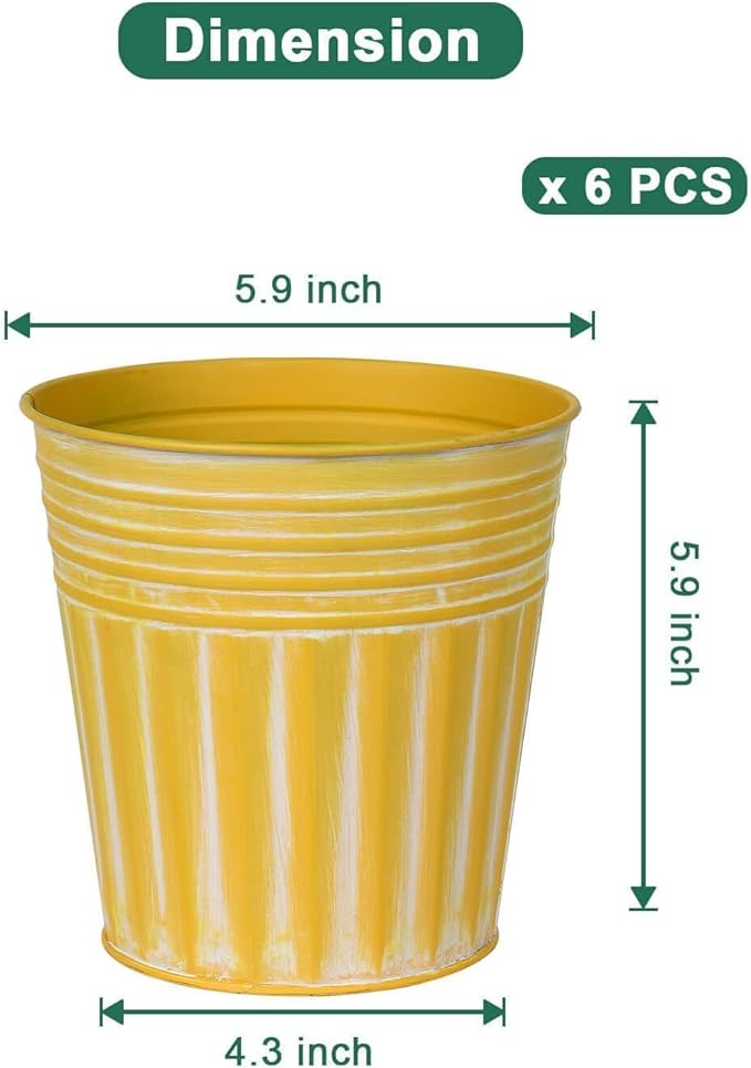 6 Inch Yellow Metal Rustic Flower Pots - 6Pcs Galvanized Planters with Drainage Hole and Rubber Plug, Rustproof Metal Bucket Plant Pots Farmhouse Vintage Style for Decor