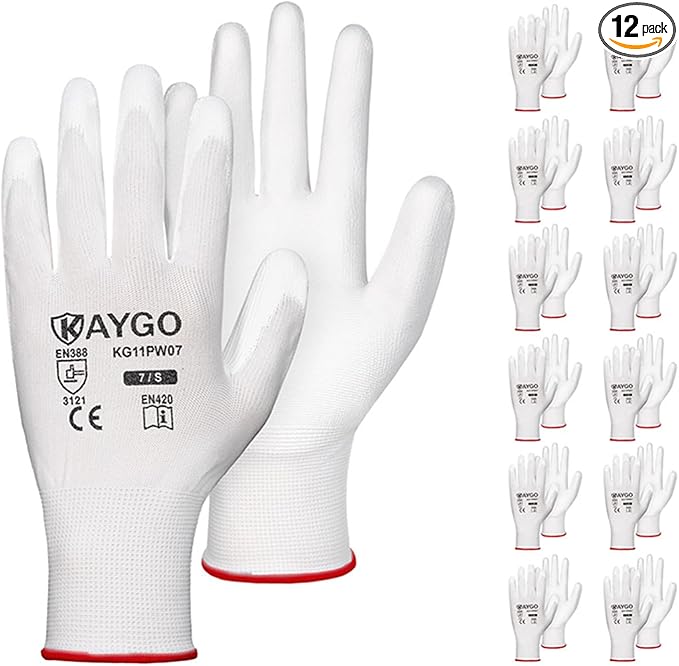 KAYGO Work Gloves for Men and Women,12 Pairs Seamless Knit PU Coated Safety Gloves, with Smooth Grip on Palm and Fingers, Ideal for Light Warehouse, Manufacturing, Gardening, KG11P (S, White)