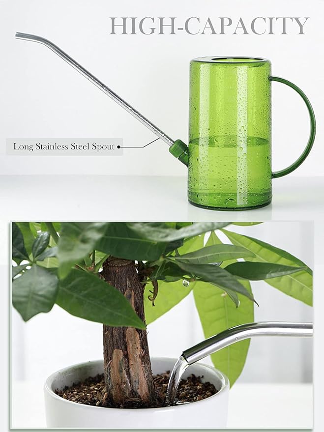 Plastic Watering Can, Plant Watering Can with Stainless Steel Long Spout, 1L/34oz Clear Measurement Markings Long Spout Watering Can for Indoor Plants, House Plants and Flowers Easy Fill-Green
