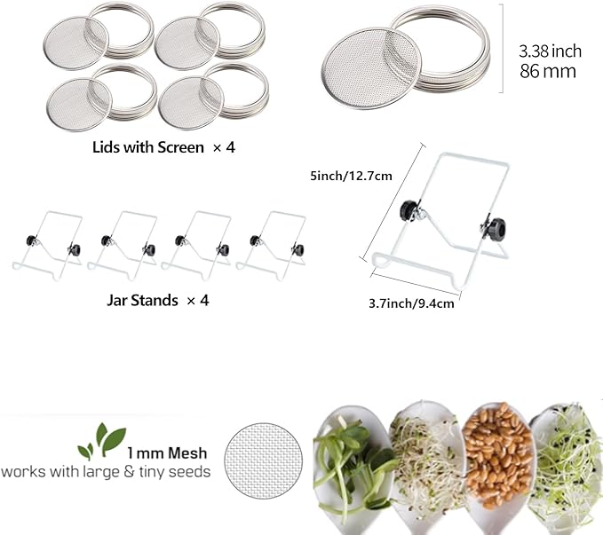 Sprouting Lids Growing Kit - 316 Stainless Steel Sprouting Lids for 86mm Wide Mouth Mason Jar with Adjustable White Stands - Organic Sprouts, Broccoli, Alfalfa Mung Bean Sprout Kit (Set of 4)