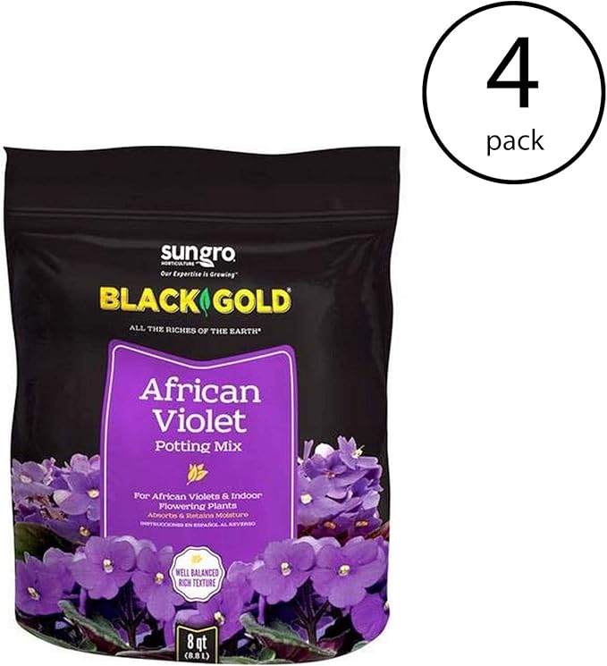 SunGro Black Gold Indoor Natural and Organic African Violet Potting Soil Fertilizer Mix for House Plants, 8 Quart Bag (4 Pack)