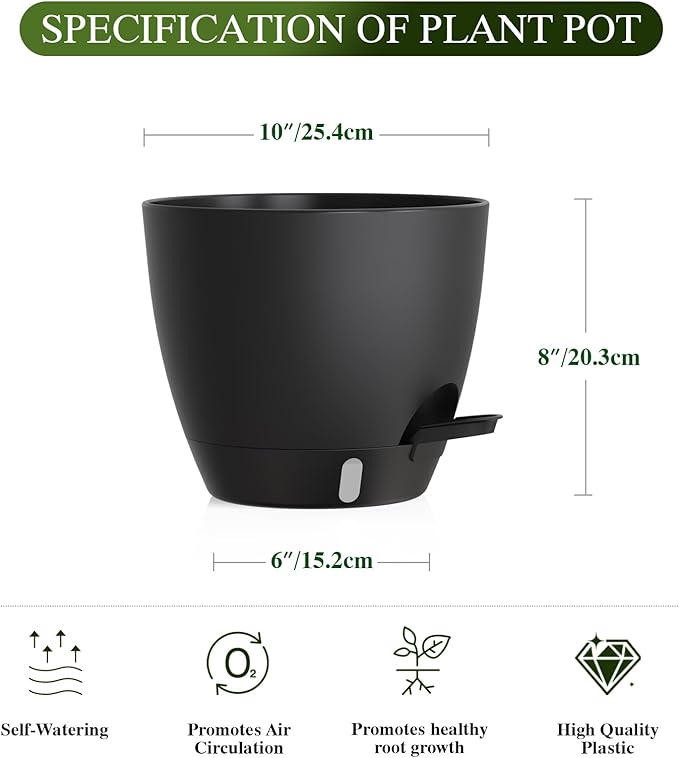 Self Watering Pots with Drainage Holes, 2 Pack 10 Inch Plant Pots with Water Level Indicator Deep Reservoir, Large Plastic Planter for Indoor Outdoor Plants - Black