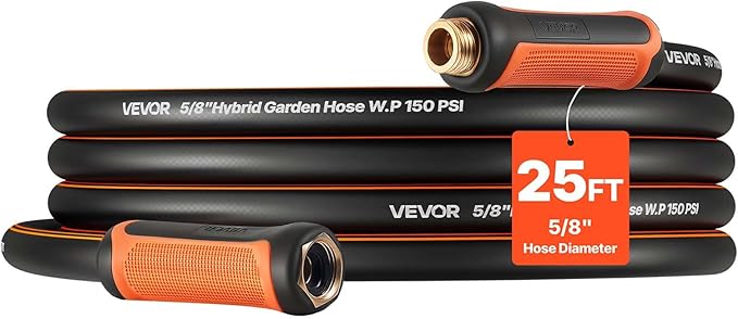 VEVOR Garden Hose, 25 ft 5/8" Heavy Duty 4-Layer Rubber Water Hose, 150PSI Working & 600PSI Burst, Flexible & Non-kink Outdoor Waterhose with 3/4" Fitting, Lightweight Hoses for Gardening Cleaning