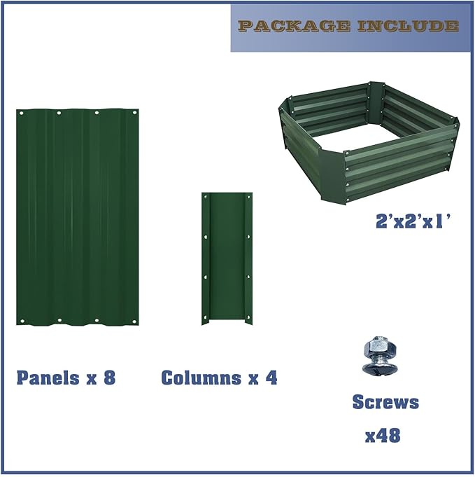 2x2x1FT Green Metal Raised Garden Bed Kit, Galvanized Outdoor Garden Bed Planter Box for Vegetables, Flowers, Herbs, Succulents and More