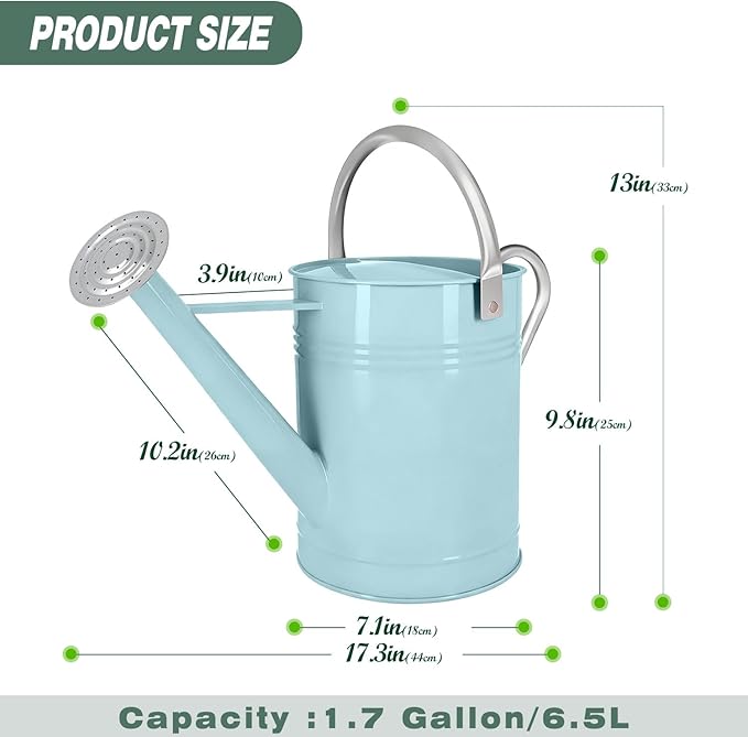Metal Watering Can for Outdoor Plants, 1.7 Gallon Light Blue Garden Watering Can for Flower, Houseplants, Galvanized Finish